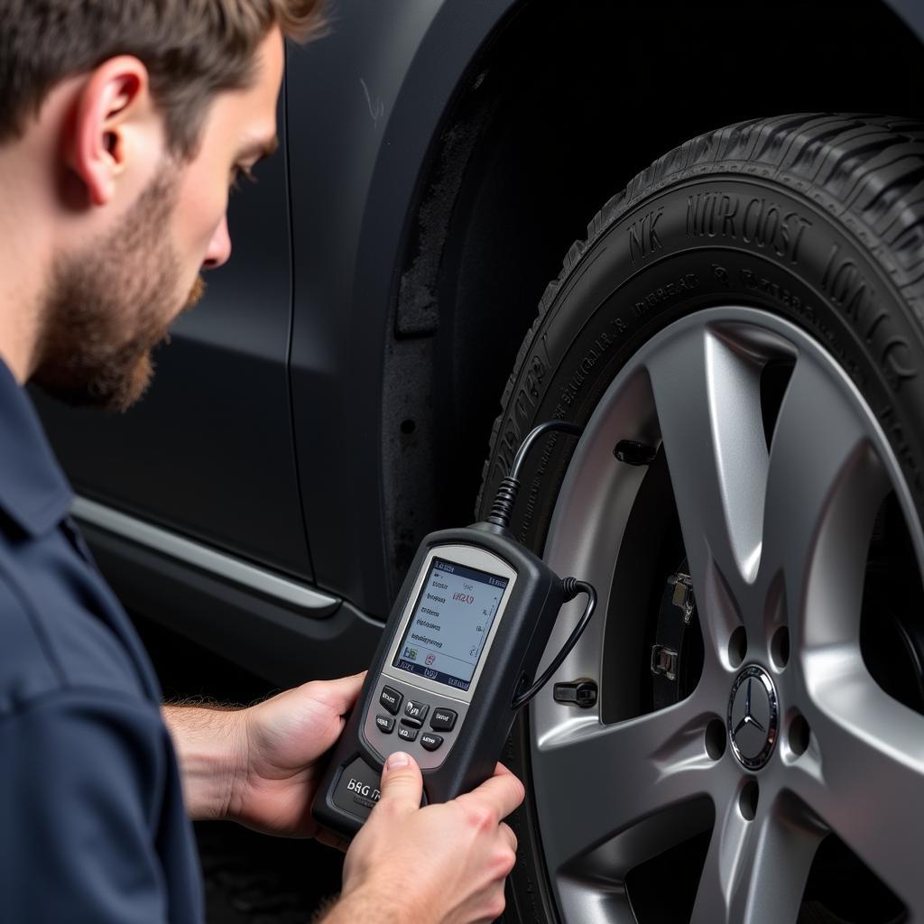 A mechanic using a diagnostic tool on an ML350