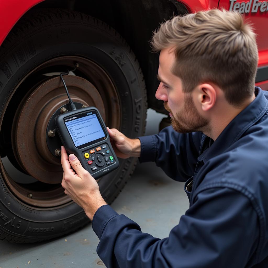 Mechanic Diagnosing Brake Issue