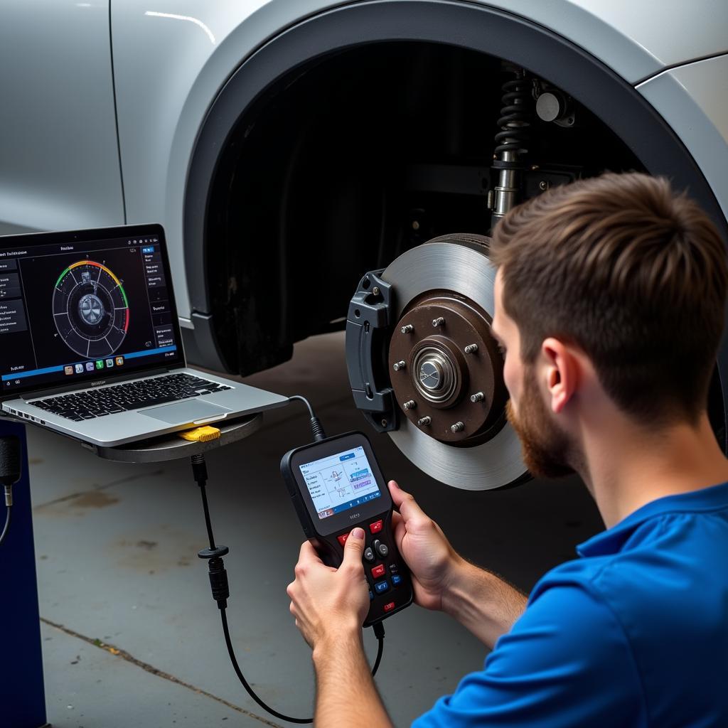 Mechanic using diagnostic tools on a car's brake system