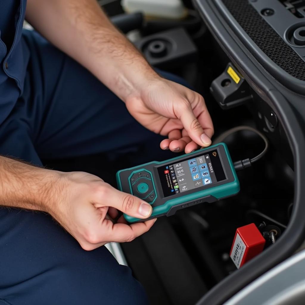 Mechanic diagnosing a car's brake system with a diagnostic tool