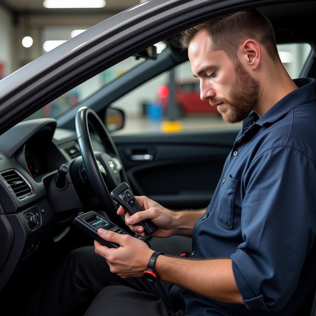 Mechanic Diagnosing Car Seat Belt Warning System