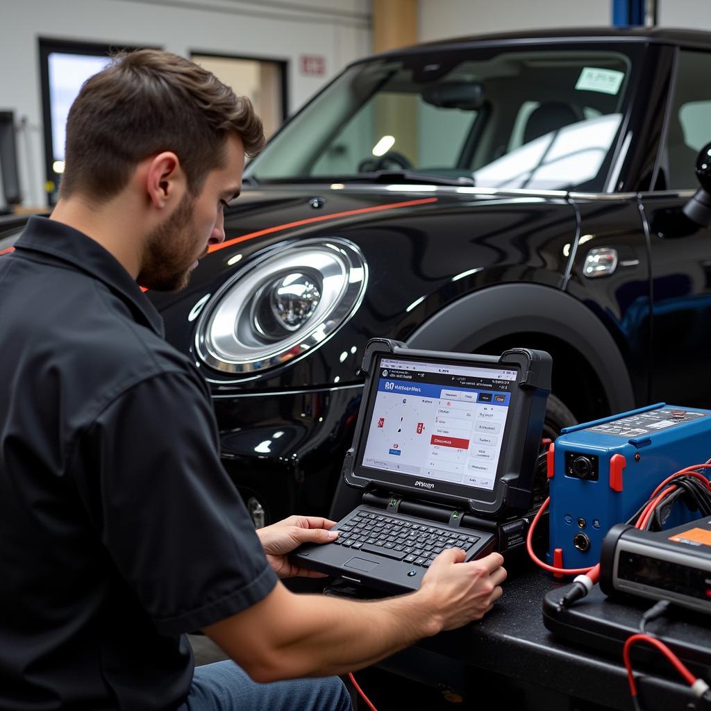 Mechanic using a diagnostic tool on a Mini Cooper