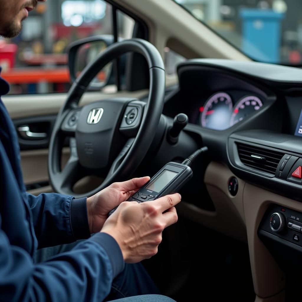 Mechanic Using Diagnostic Tool on Honda Odyssey