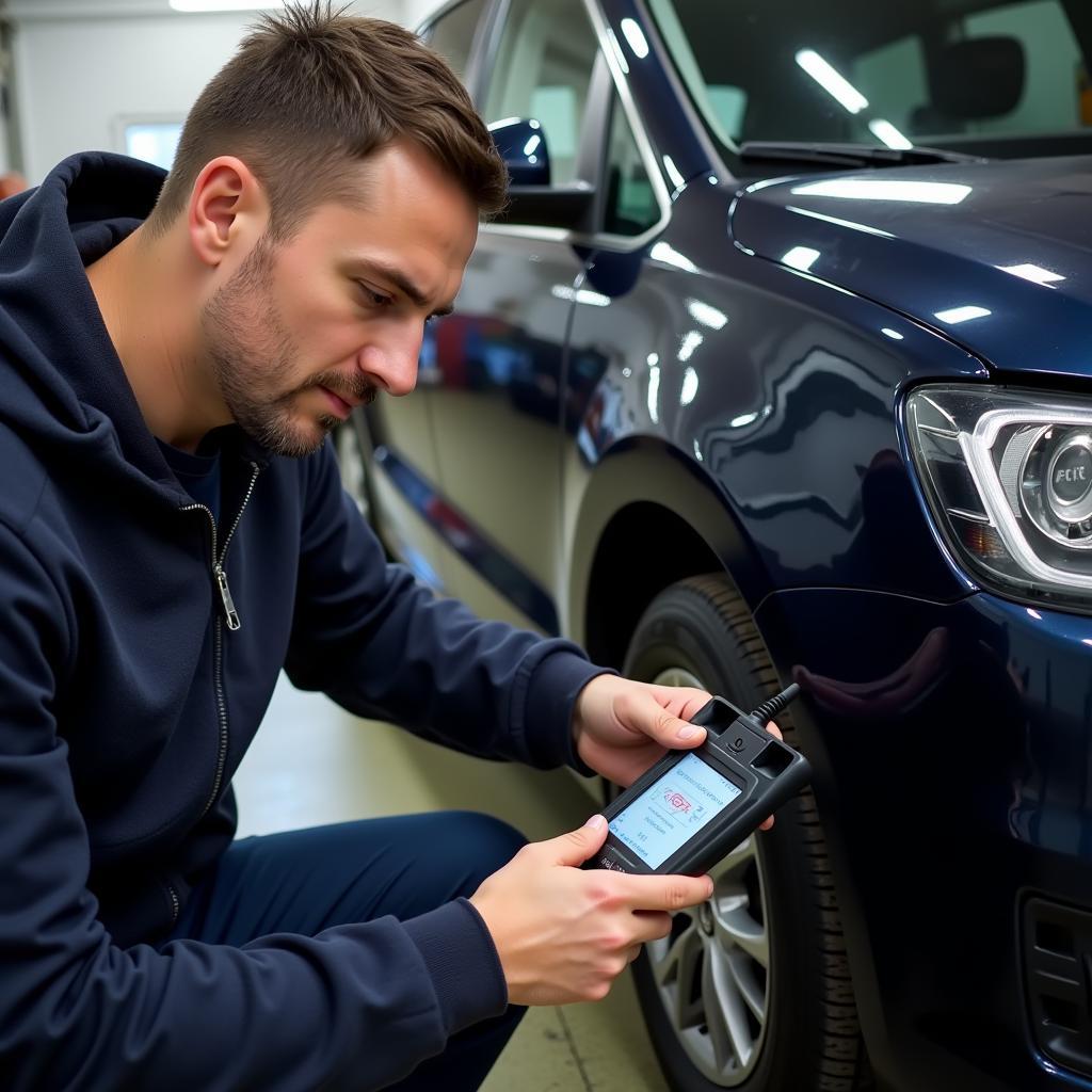 Mechanic Diagnosing Seat Alhambra with OBD Scanner