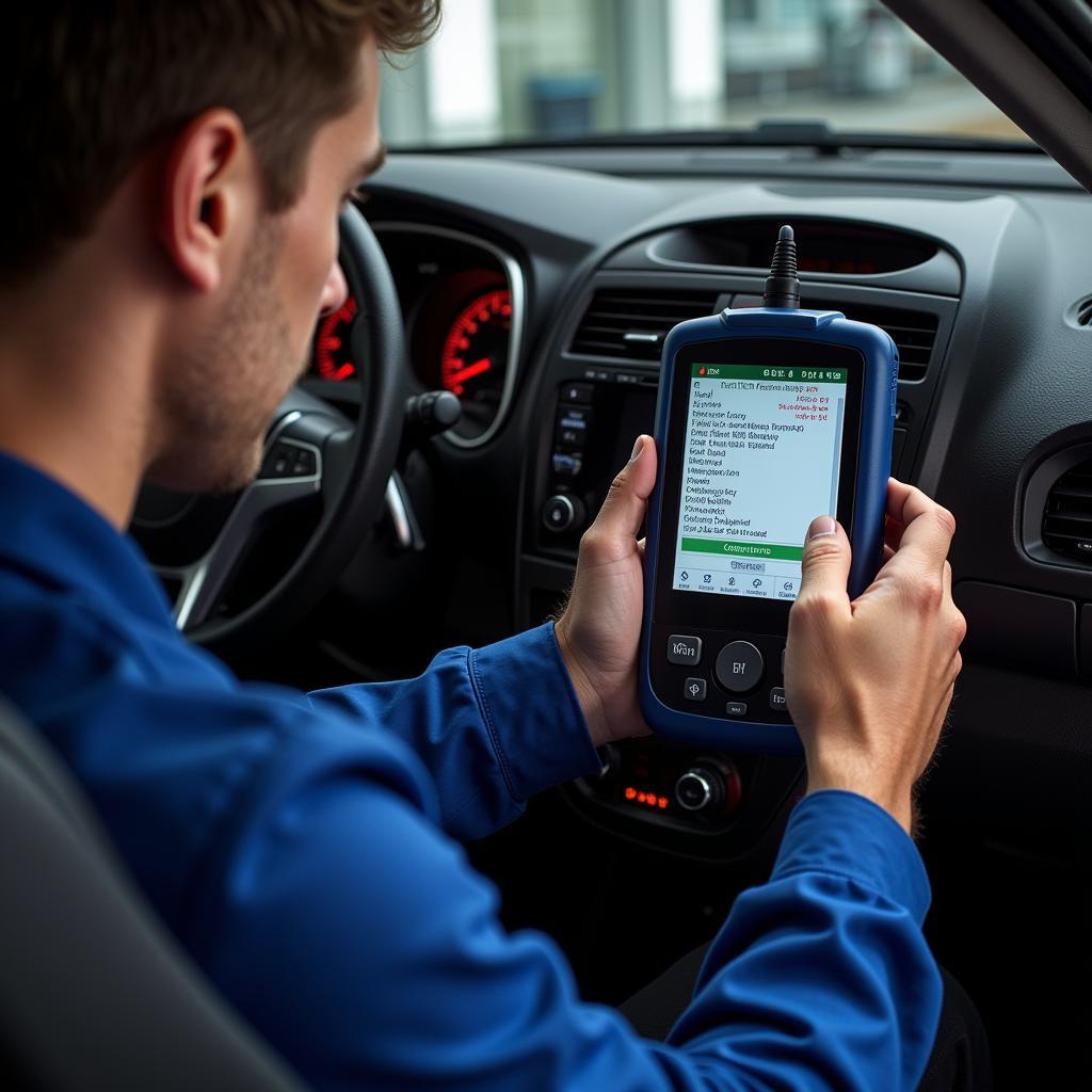 Mechanic using a diagnostic tool to identify a seat belt system fault