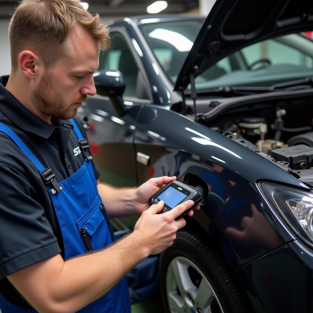 Mechanic Diagnosing Seat Ibiza Using Diagnostic Tool