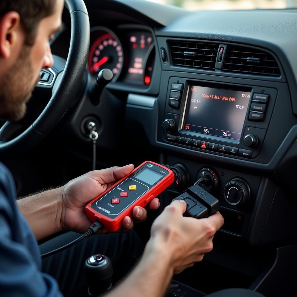 Mechanic Diagnosing a Seat Leon 08 with a Diagnostic Tool