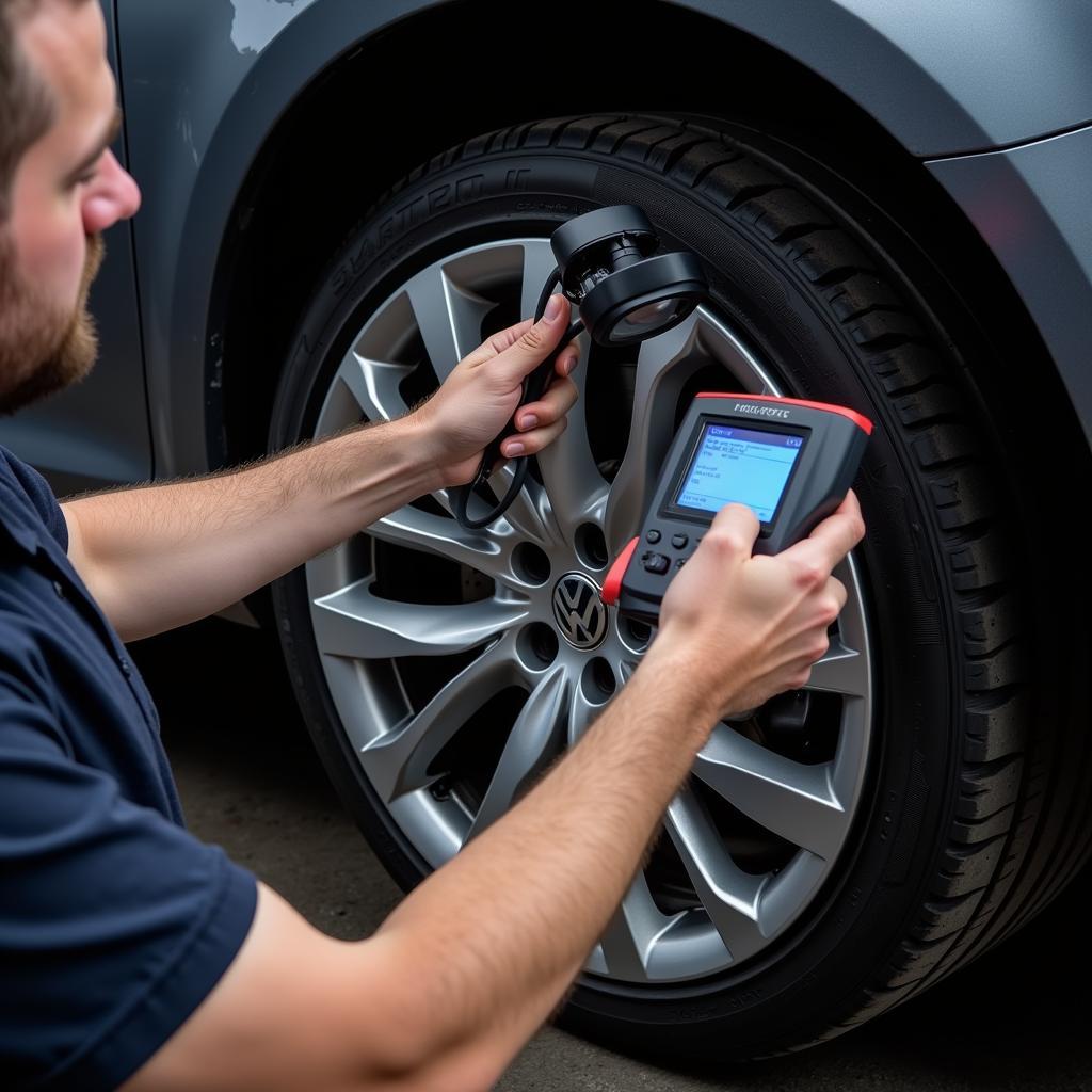 Mechanic using diagnostic equipment on a 2011 Volkswagen CC