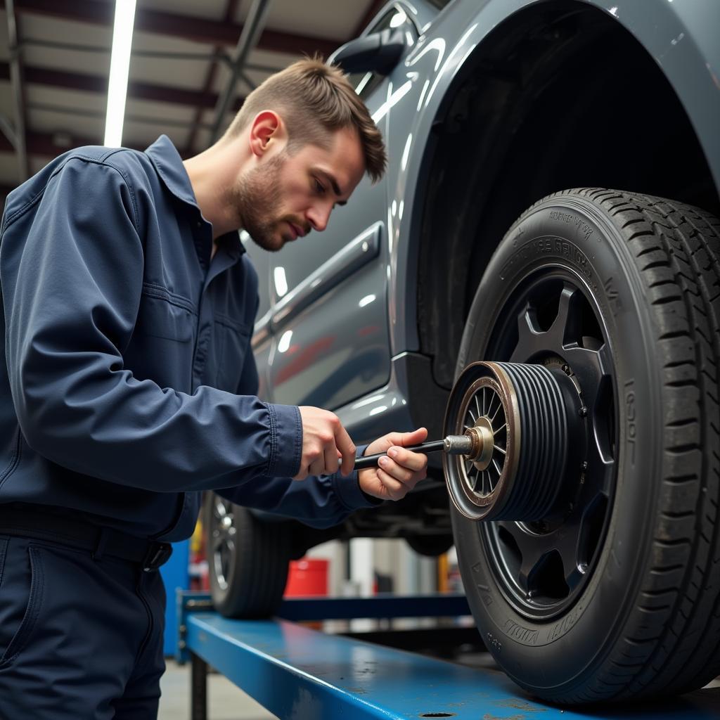 Mechanic Inspecting Alternator Belt in a Car