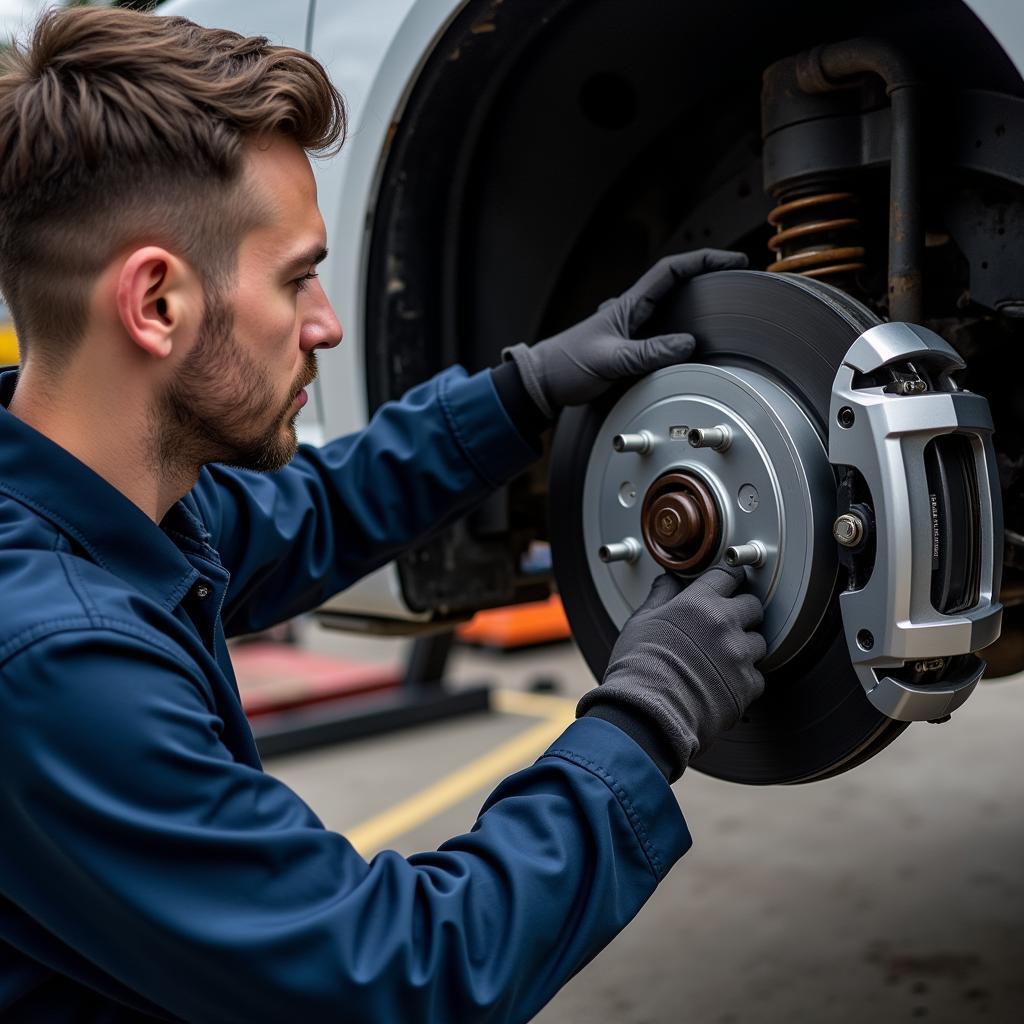 Mechanic inspecting the brake system of an Audi A3