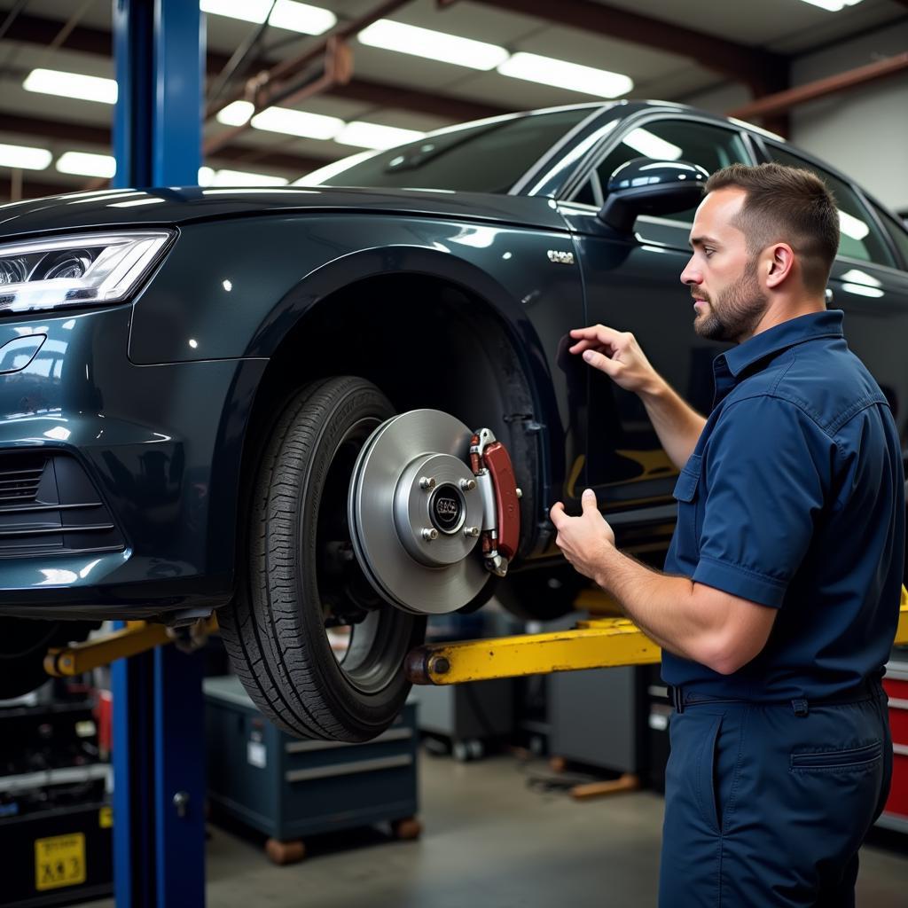 Mechanic inspecting the brakes of an Audi A4 on a lift