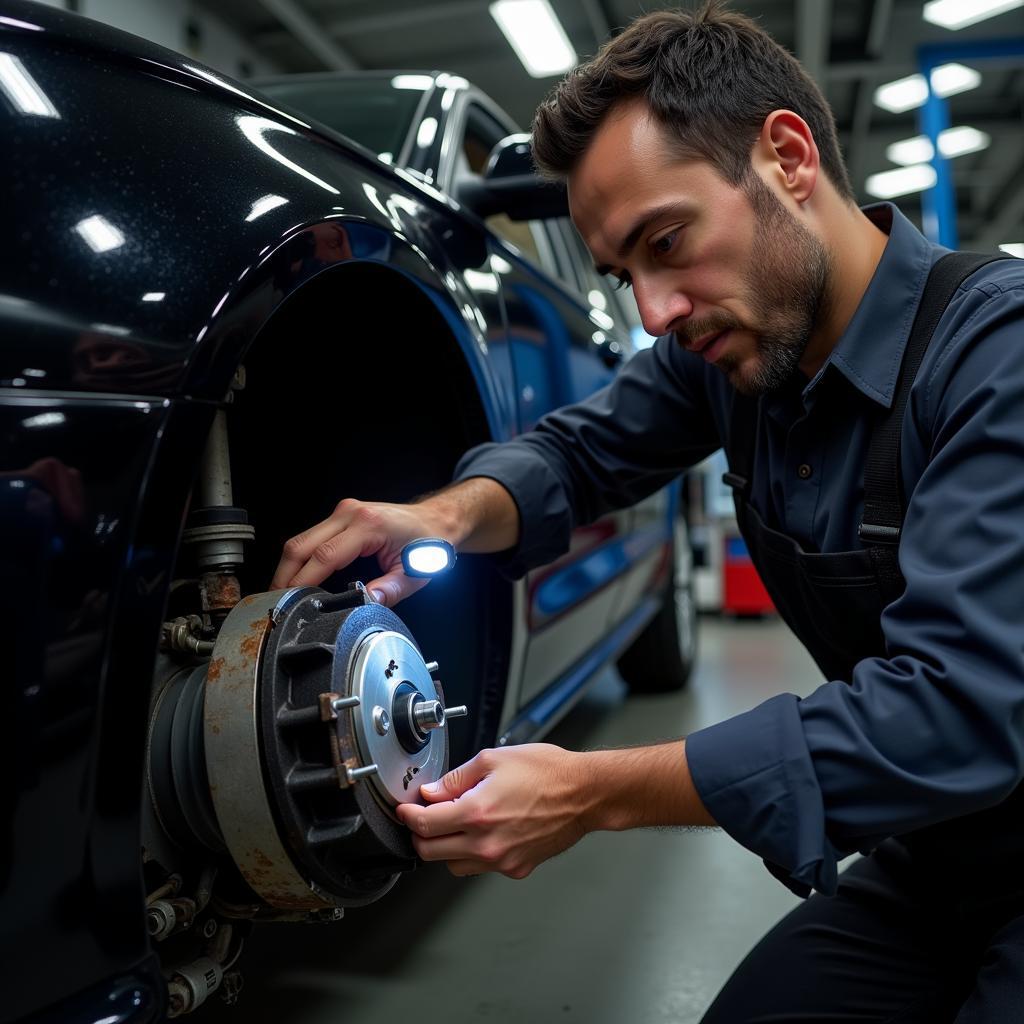 Mechanic Inspecting Audi A6 Brakes