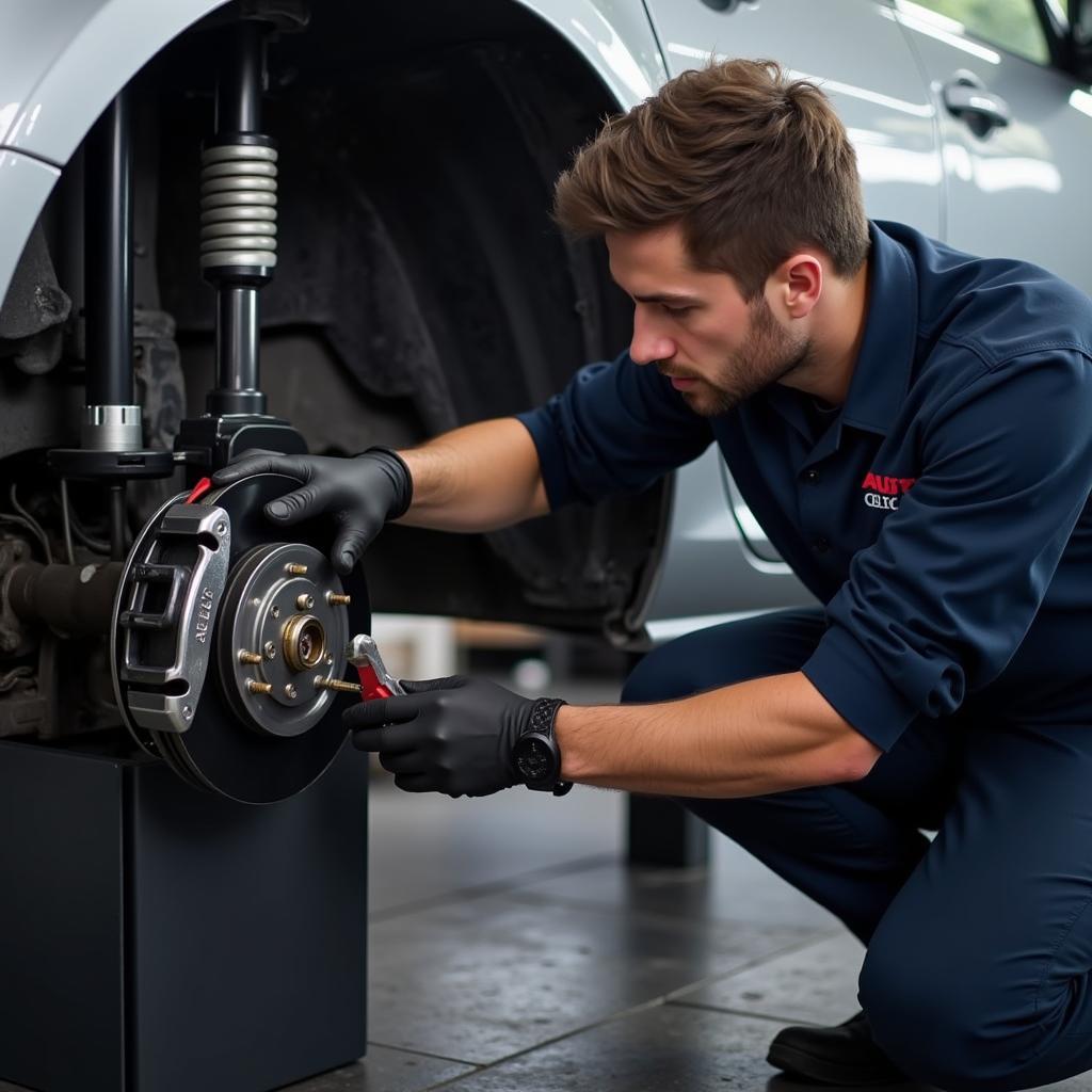 Mechanic Inspecting Audi Brakes in a Garage