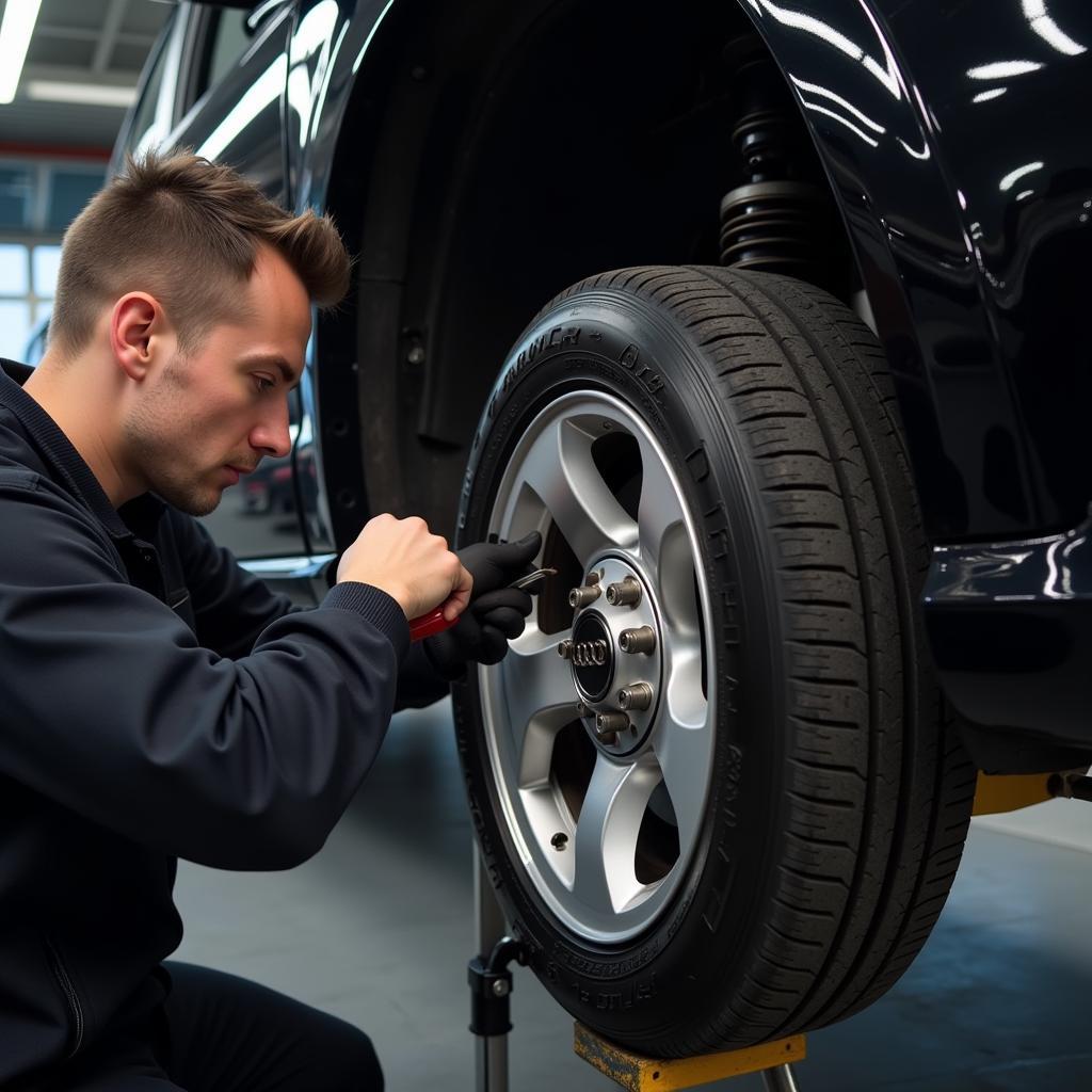 Mechanic Inspecting Audi Brakes