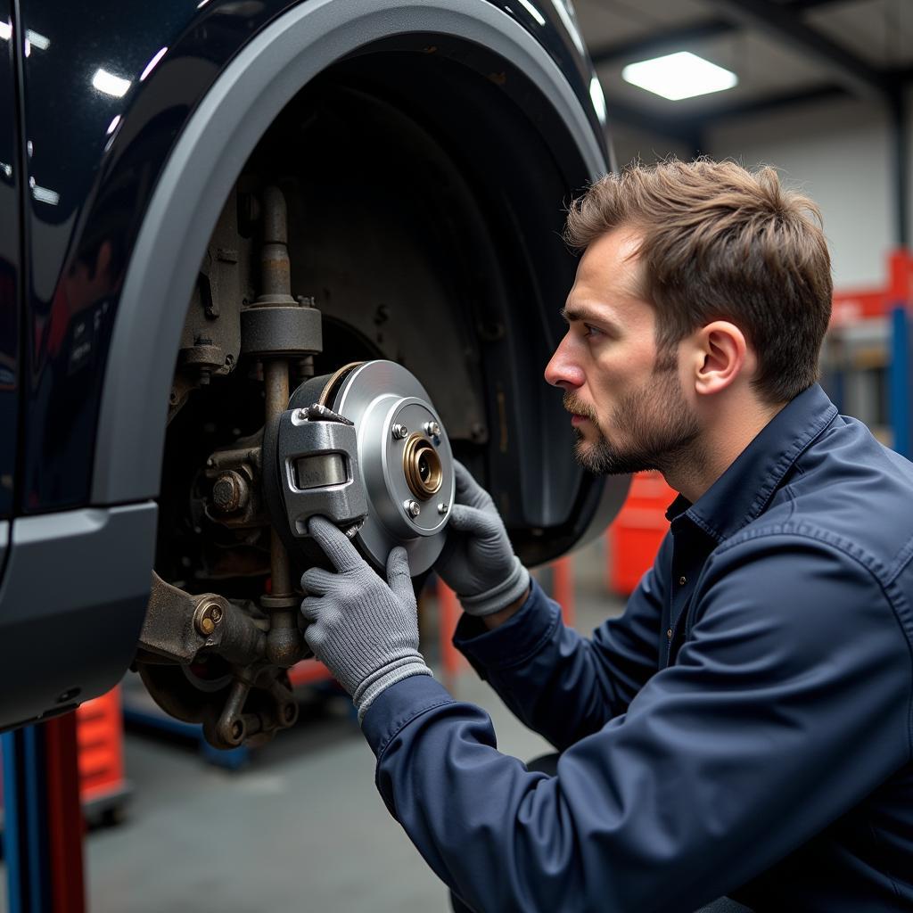 Mechanic performing a visual inspection of Audi Q3 brakes