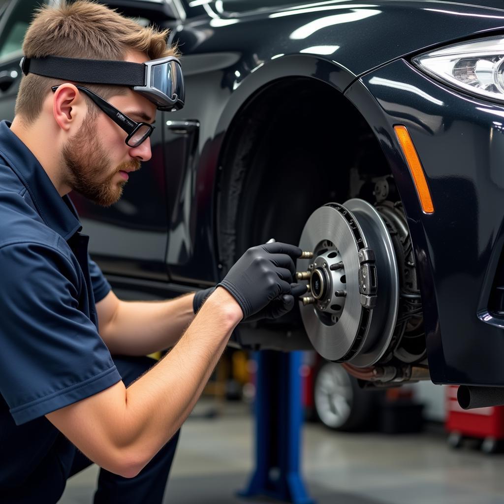 Mechanic Inspecting BMW Brakes