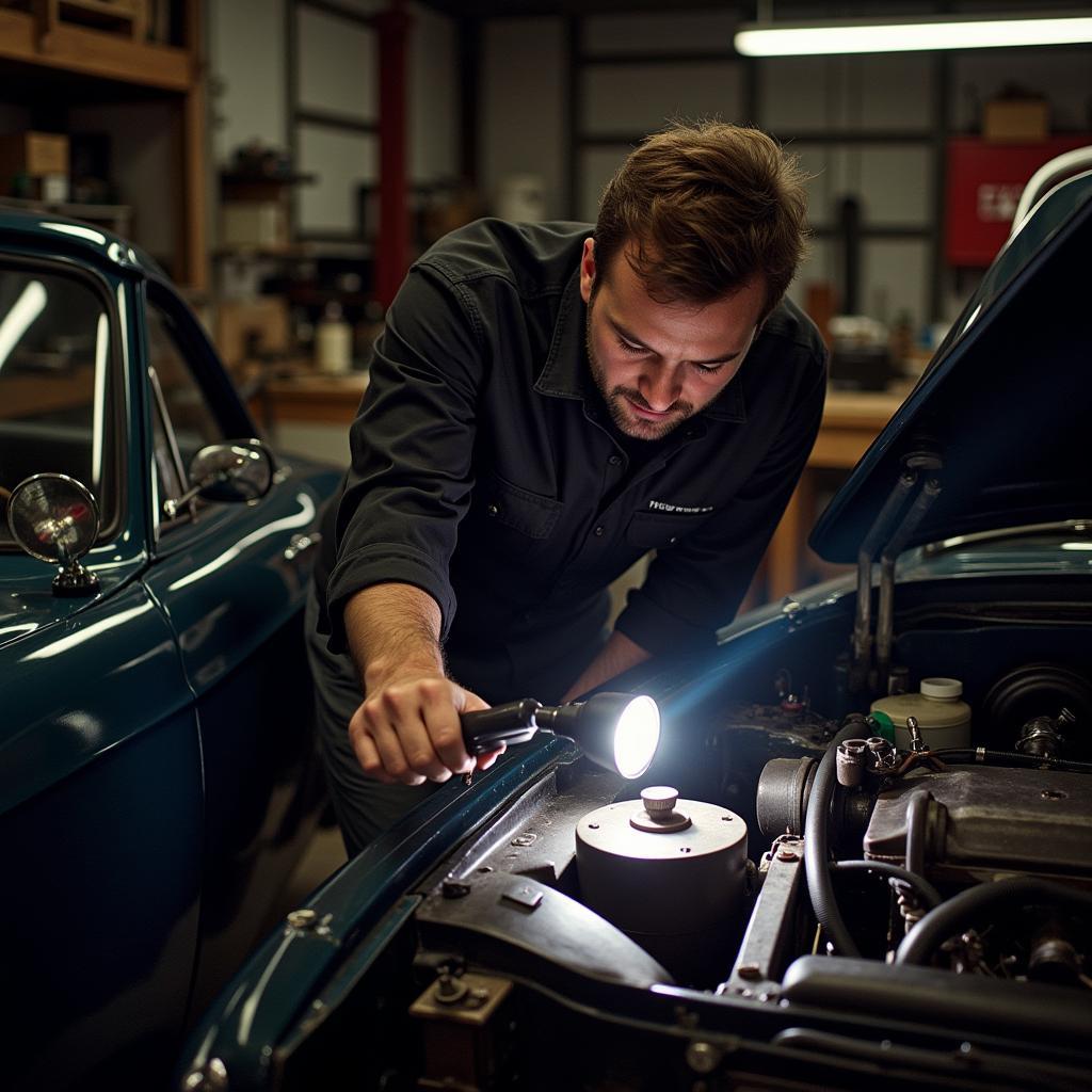 Mechanic Checking Brake Fluid in a 1972 Silver Shadow