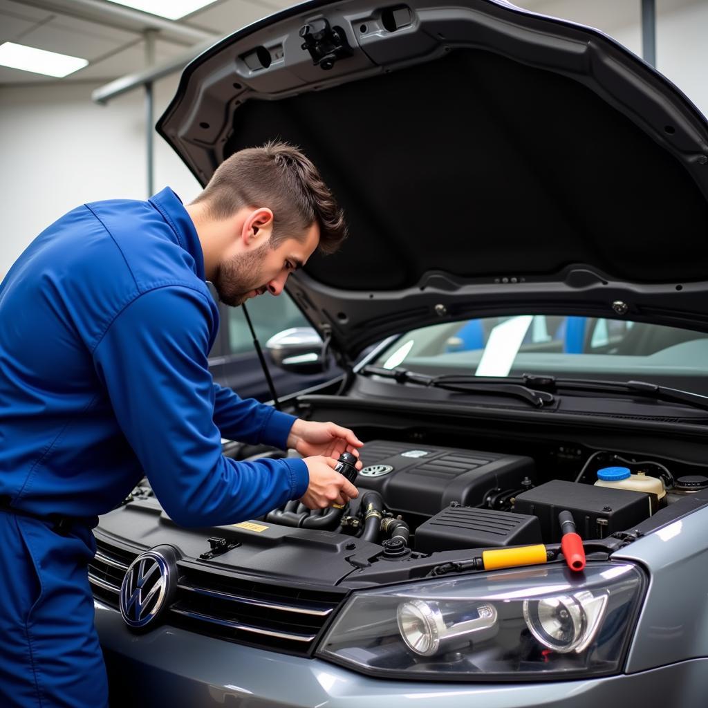 Mechanic inspecting brake fluid reservoir in a VW