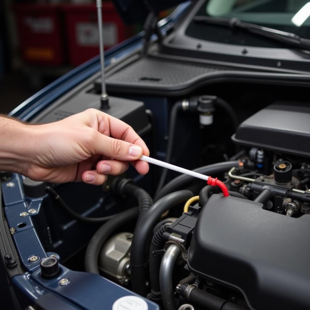 Mechanic checking brake fluid level in a vehicle