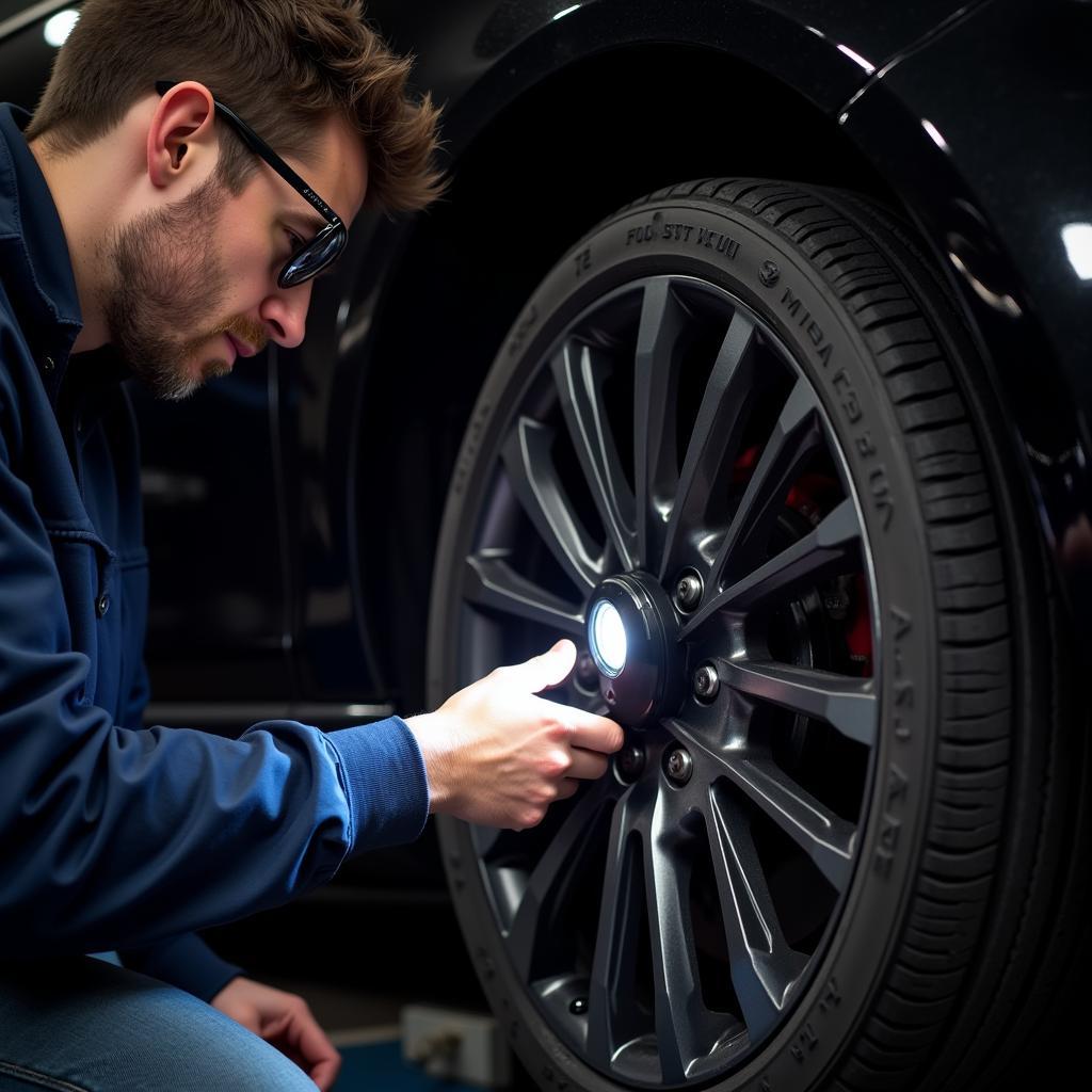 A mechanic inspecting the brake fluid level in a Ford Focus ST