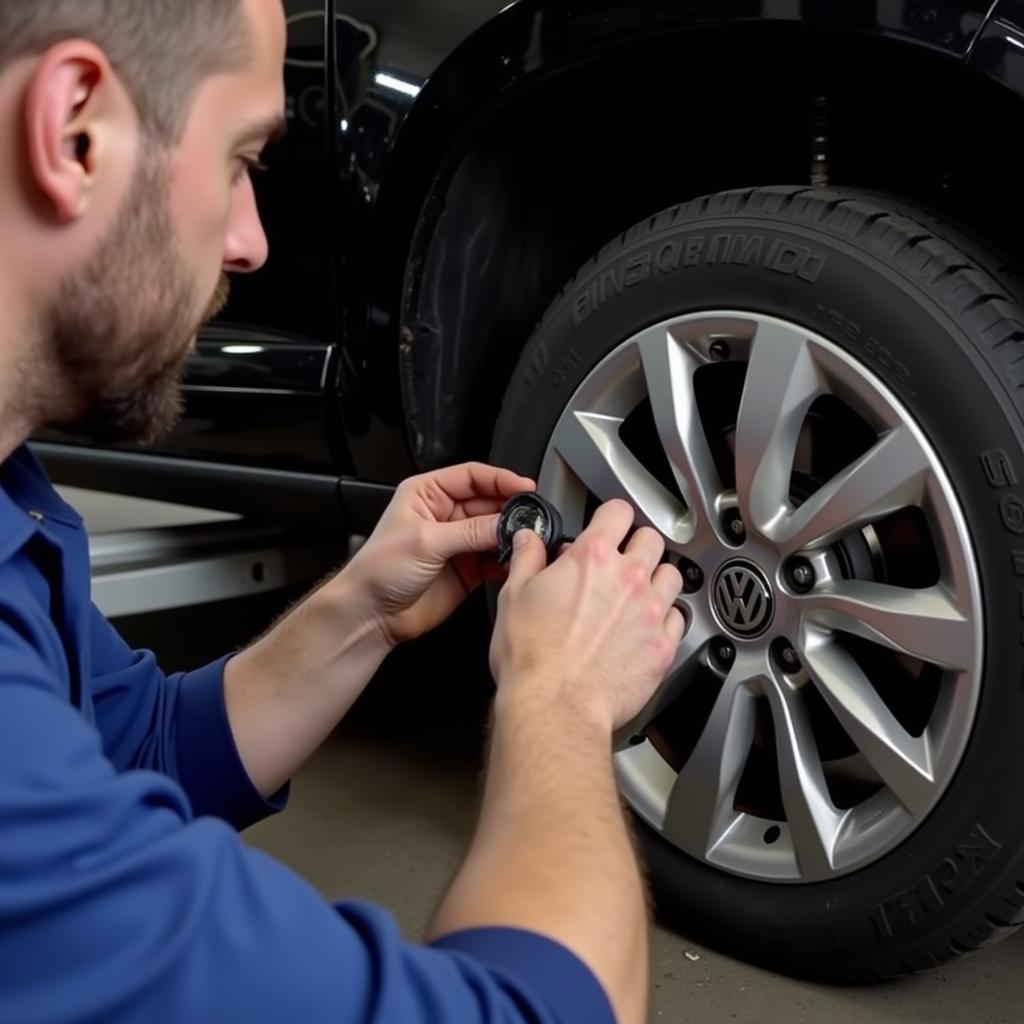 Mechanic Inspecting Brake Pad Sensor on Passat B5.5