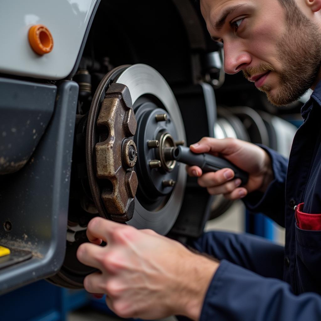 Mechanic Inspecting Brake Pads on Mitsubishi Canter