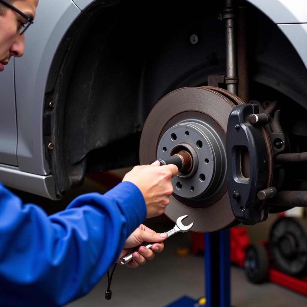 Mechanic inspecting brake shoes on a car