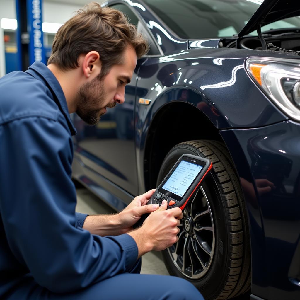 Mechanic inspecting car brake system with a diagnostic tool