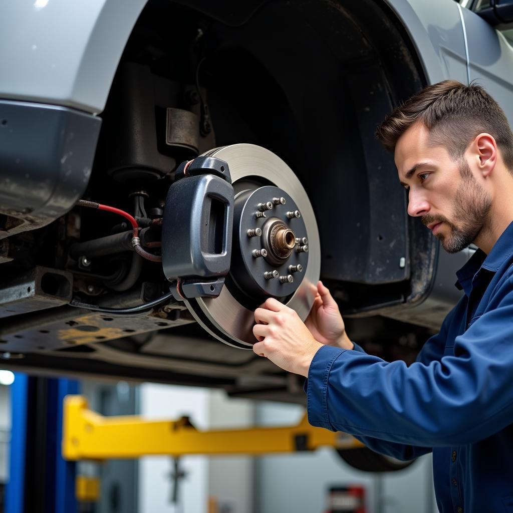 Mechanic Inspecting Brake System