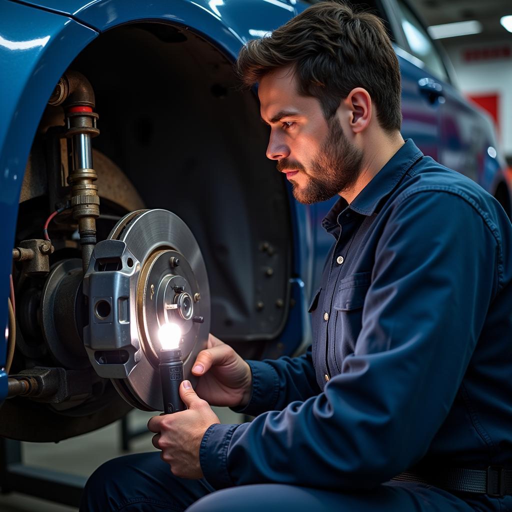 Mechanic Inspecting a Vehicle's Brake System