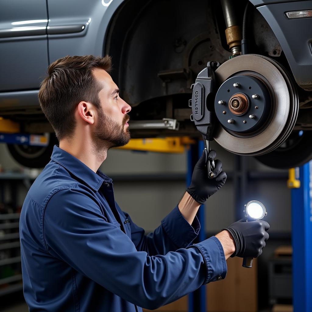 Mechanic Inspecting Brake System