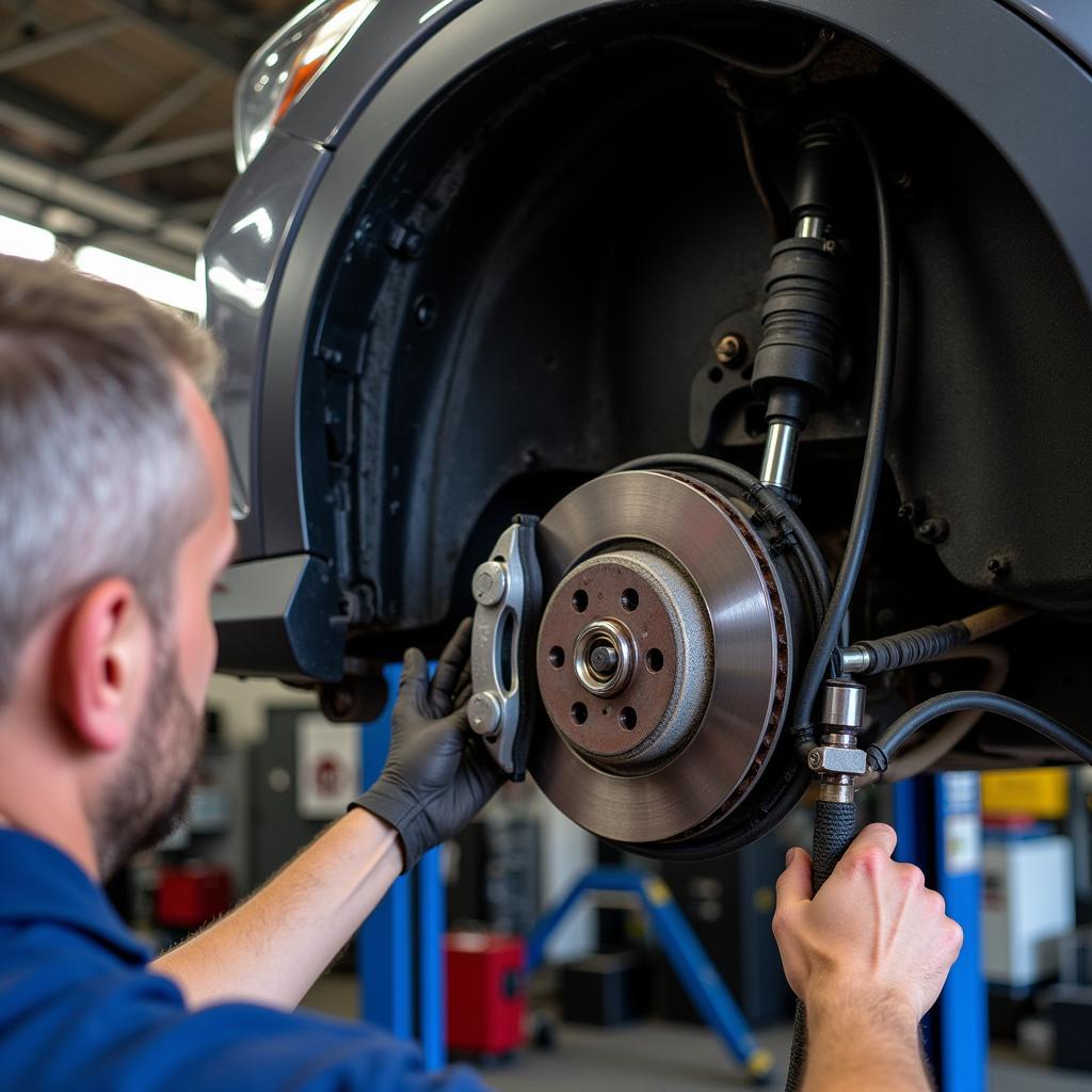 Mechanic Inspecting the Brake System of a Honda HRV