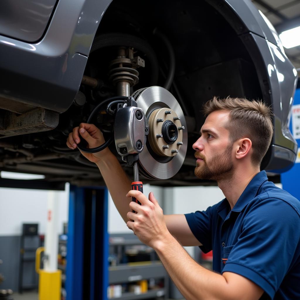 Mechanic Inspecting Vehicle Brake System