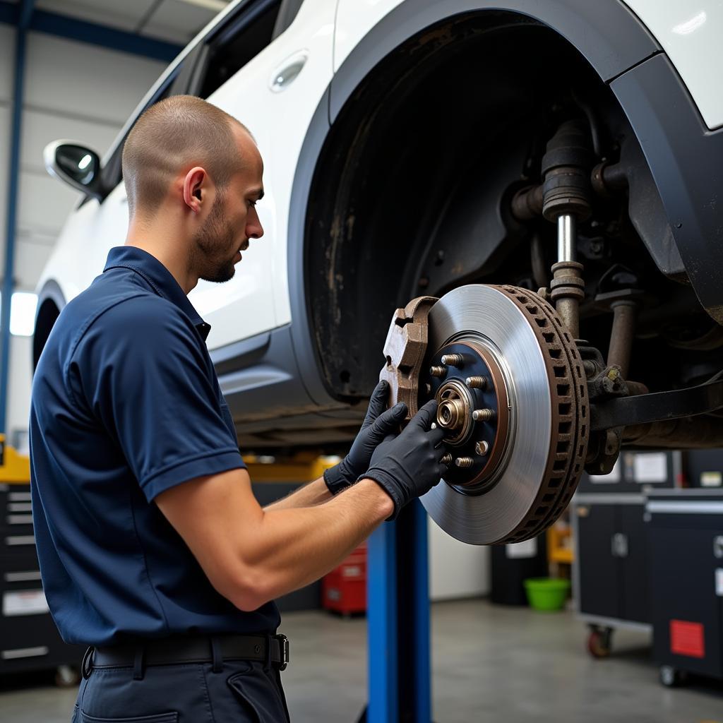 Mechanic inspecting a car's brake system on a lift