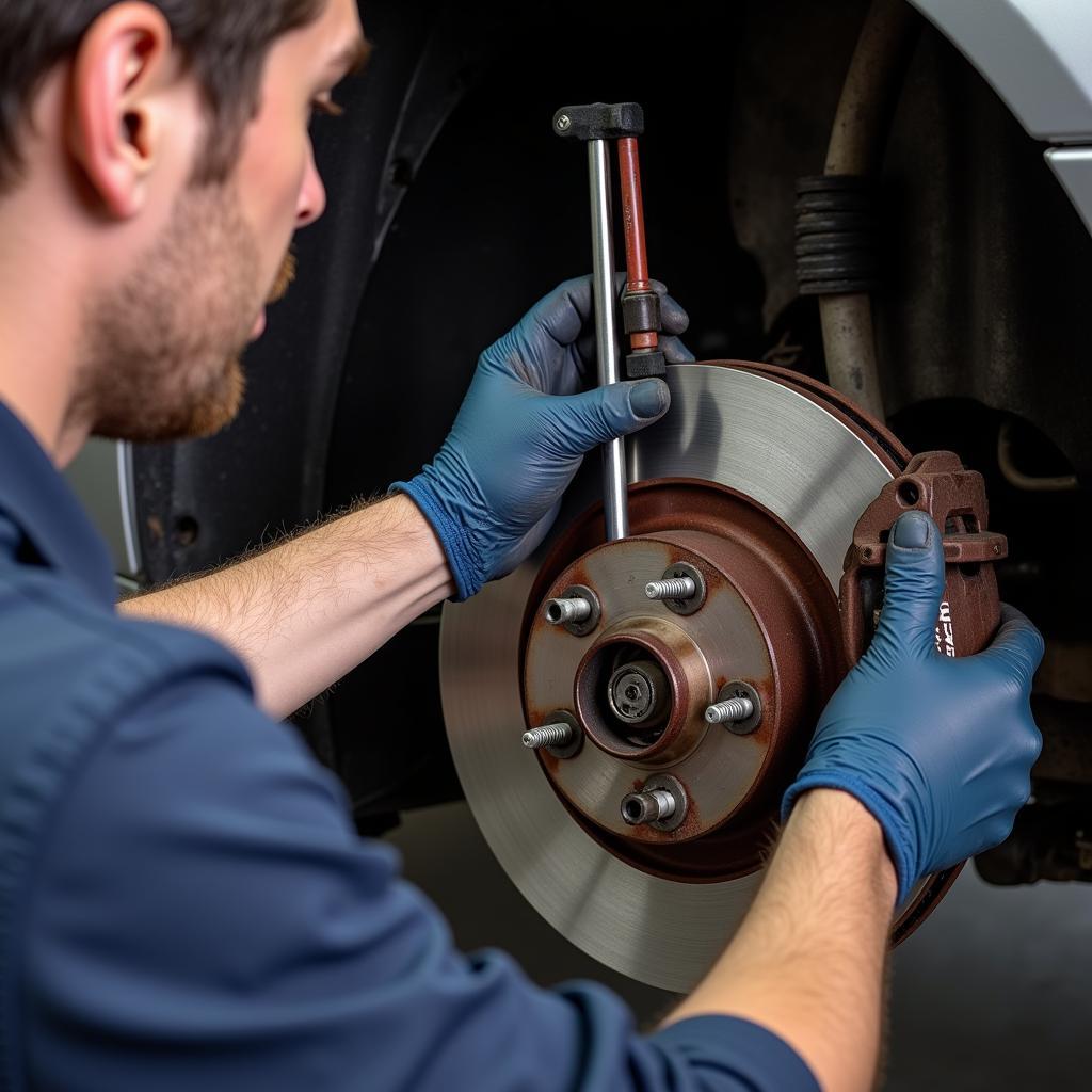 Mechanic Inspecting Volkswagen Passat Brake System