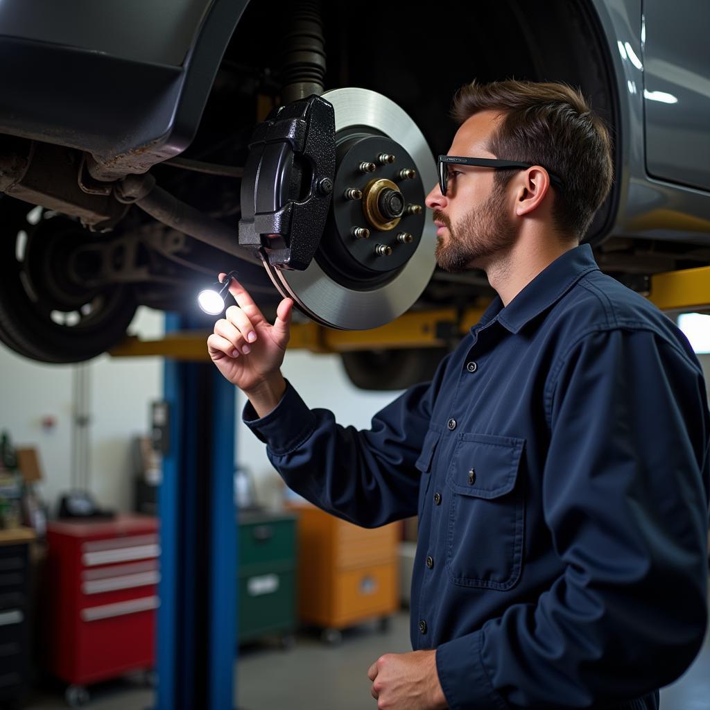 Mechanic inspecting a car's brake system