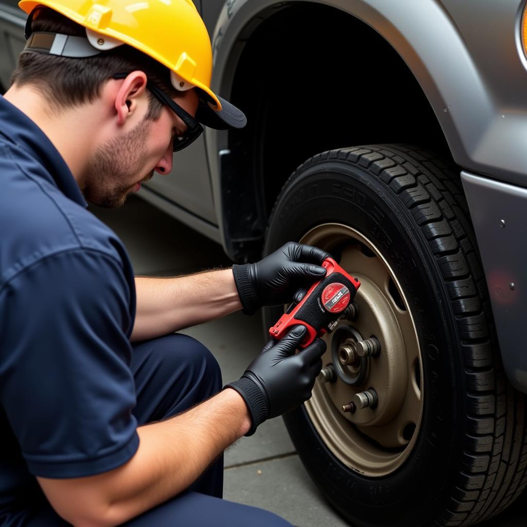 Mechanic Inspecting Brakes on a Dodge Caravan