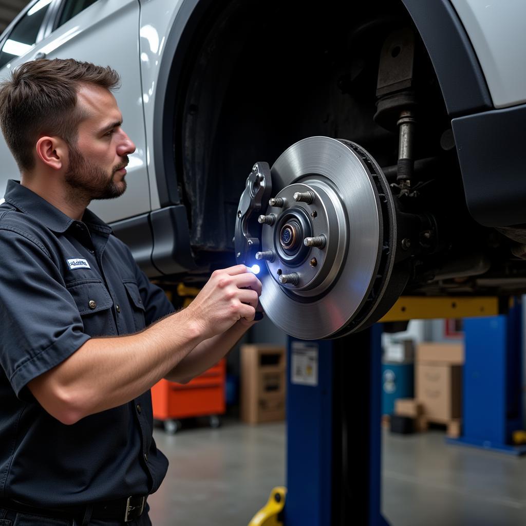 Mechanic Inspecting Car Brakes on a Lift