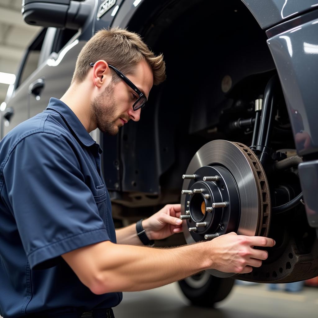 Mechanic Inspecting Brake System