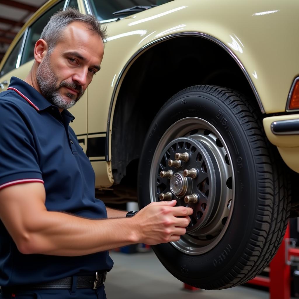 Mechanic Inspecting Brakes on a 1971 Porsche 911