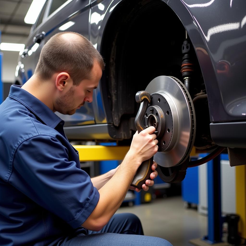 Mechanic Inspecting Brakes on Ford Focus