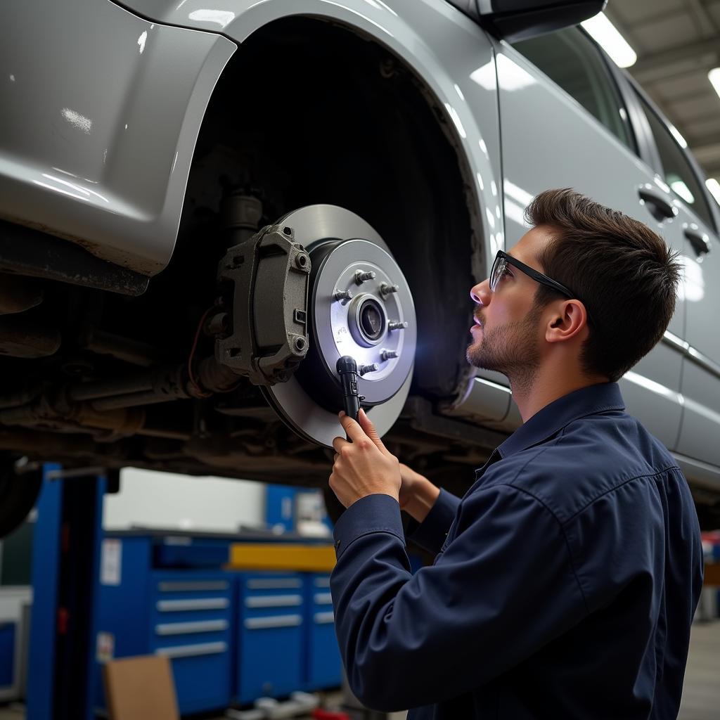 Mechanic Inspecting Brakes on Dodge Grand Caravan