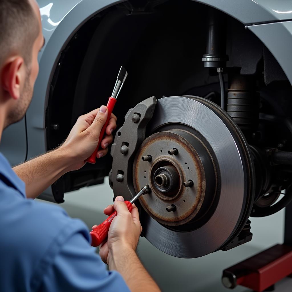 Mechanic Inspecting Brakes on a Toyota Camry