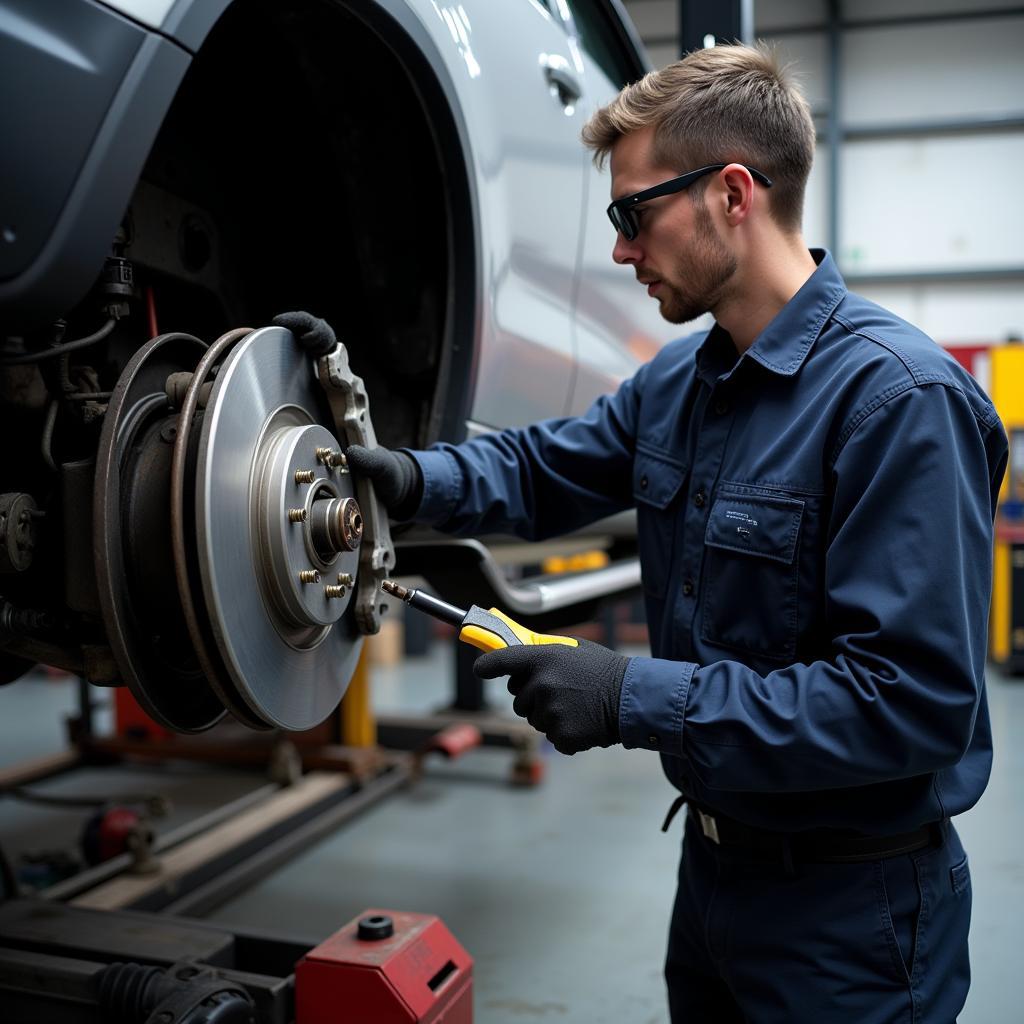 Mechanic Inspecting Car Brakes in Auto Repair Shop