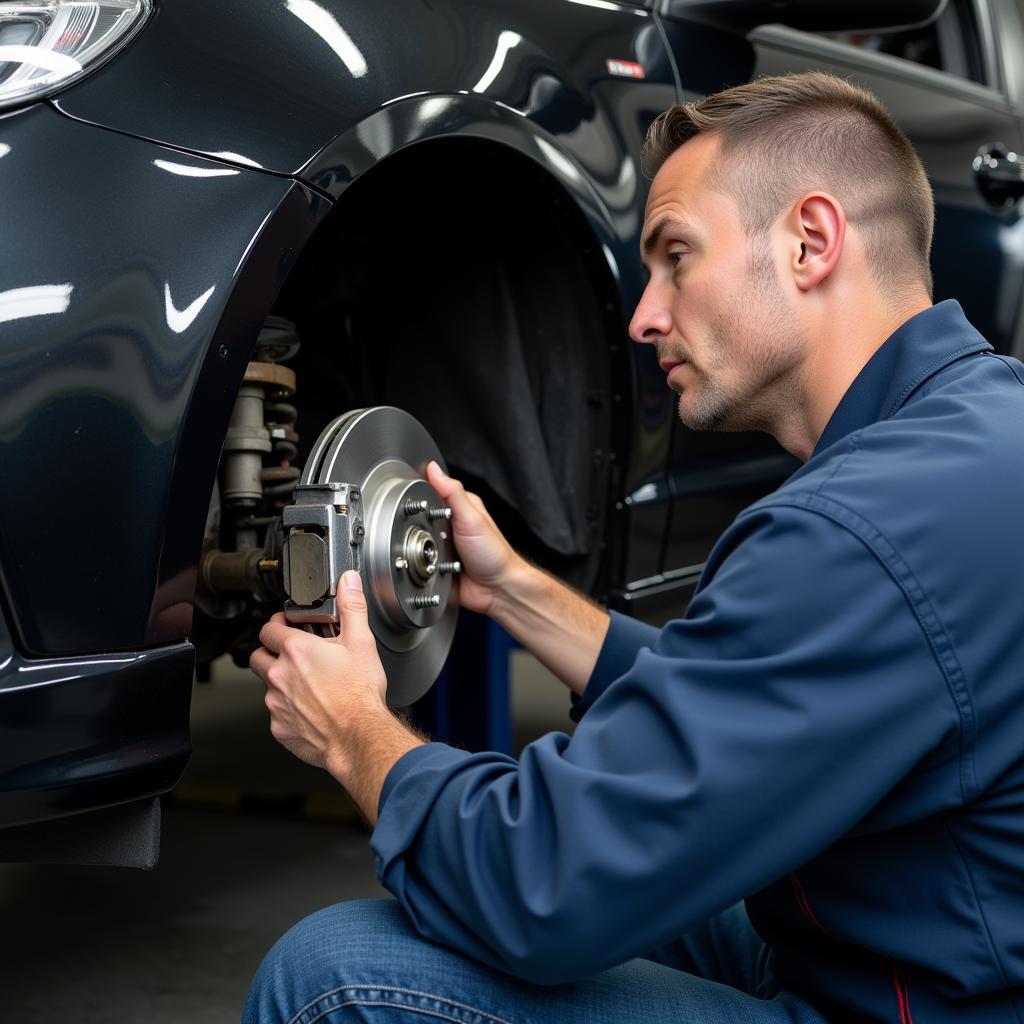 Mechanic Performing a Car Brake Inspection