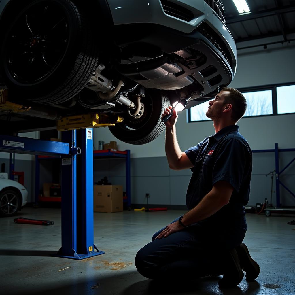 Mechanic Inspecting Car in Shop