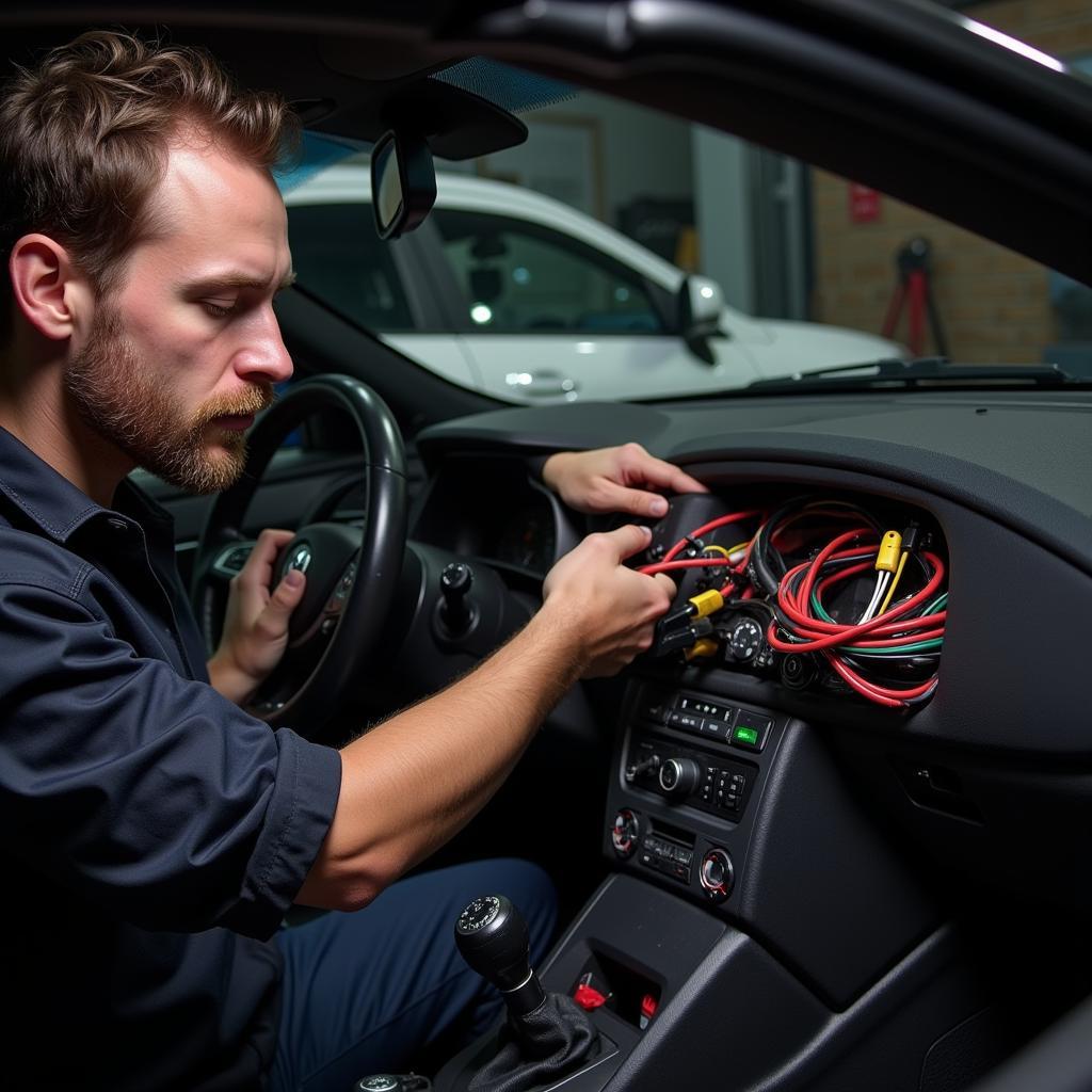 Mechanic Inspecting Car Wiring Harness Under Dashboard