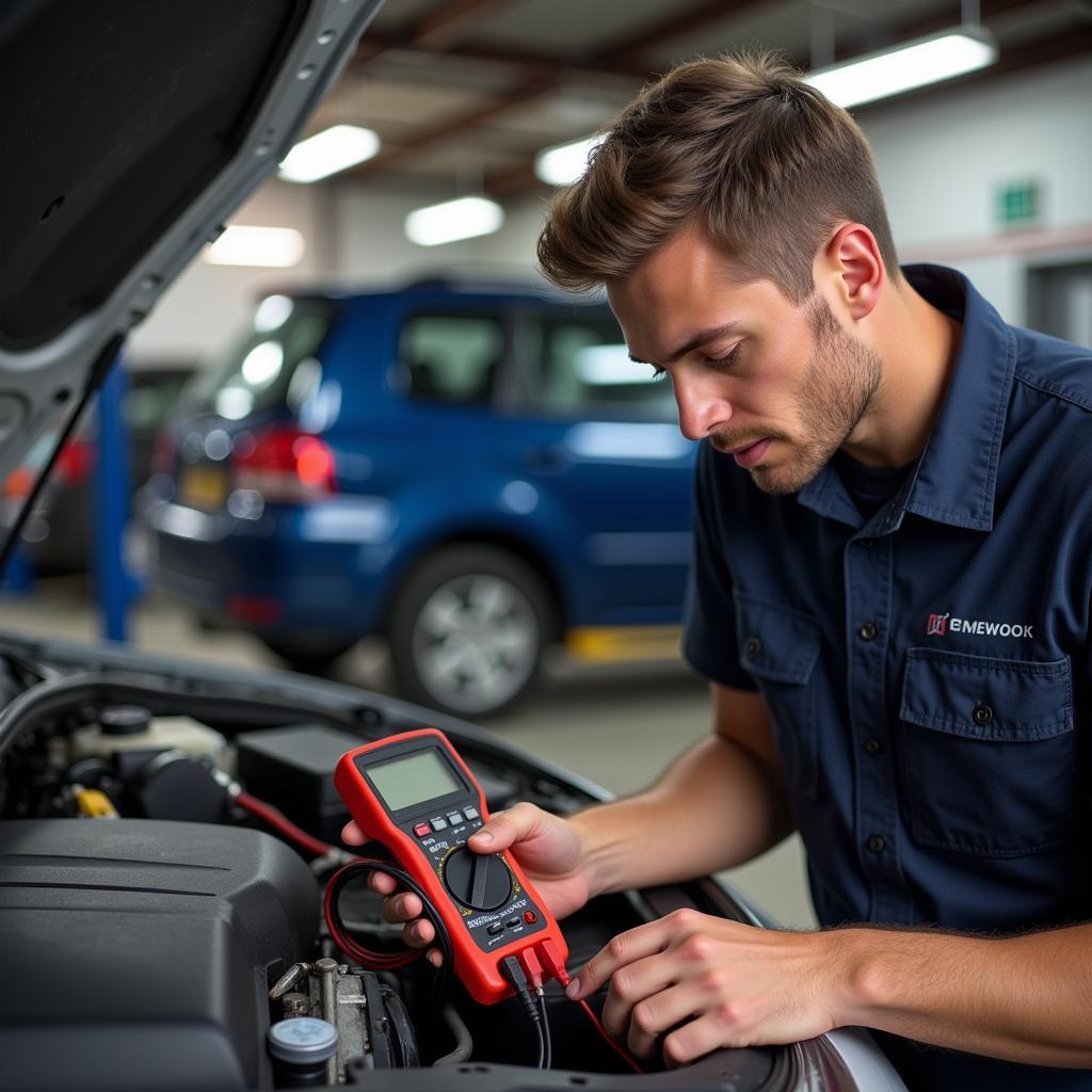 Mechanic using a multimeter to diagnose a car's electrical system