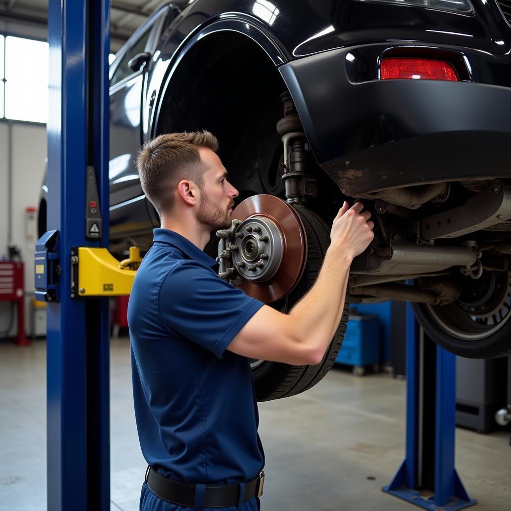 Mechanic Inspecting Chevy Spark's Brakes on a Lift