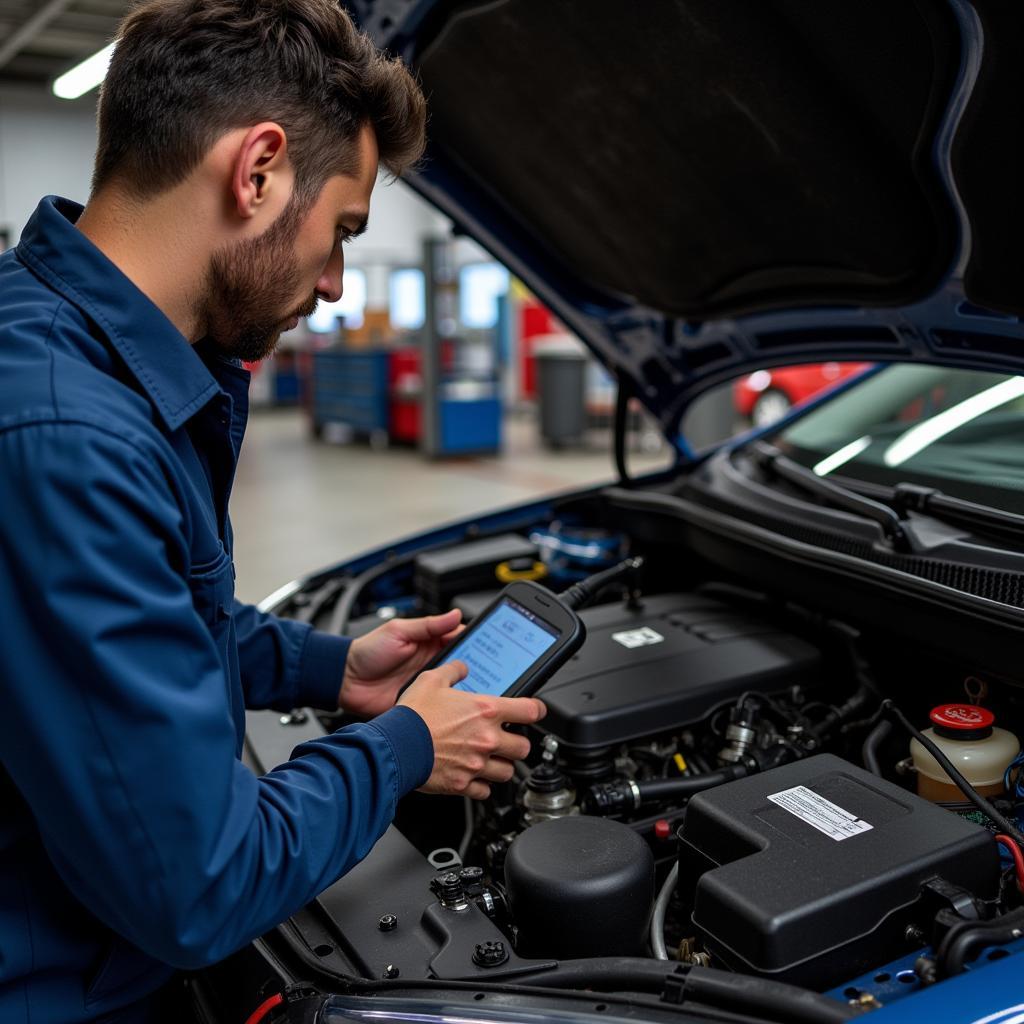 Mechanic inspecting the engine bay of a Seat Ibiza for EPC warning light causes